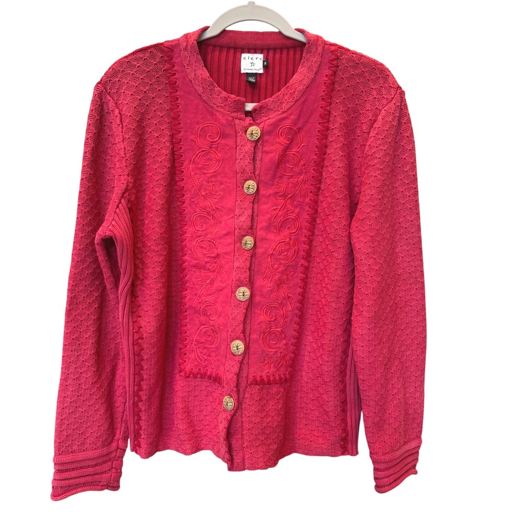 Vintage Clare Icelandic Design Raspberry Red Cotton Cardigan Embroidered Folk XL